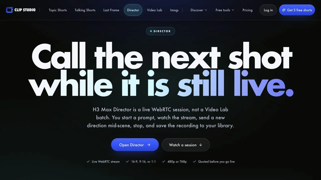 Clip Studio Director product page showing the H3 Max live creation workflow