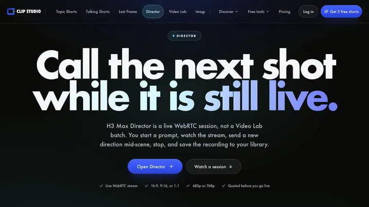 Clip Studio Director product page showing the H3 Max live creation workflow