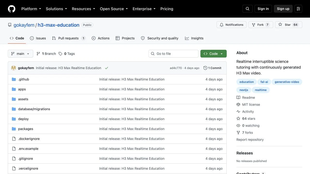 The H3 Max Realtime Education tutor repository on GitHub