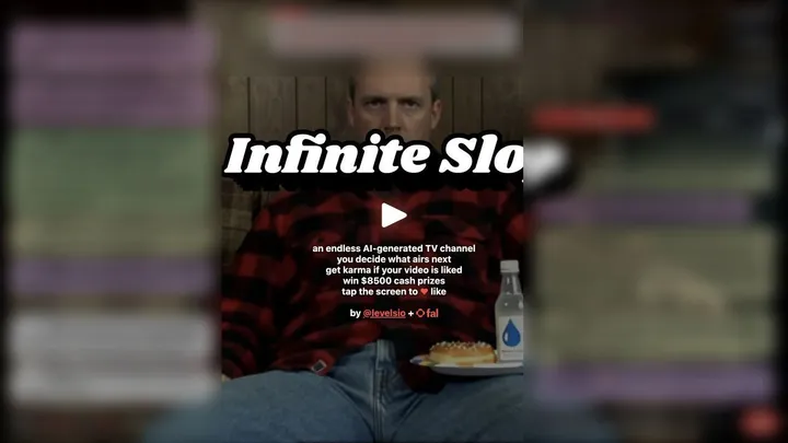Infinite Slop live channel with chat, prompt queue, and on-air video