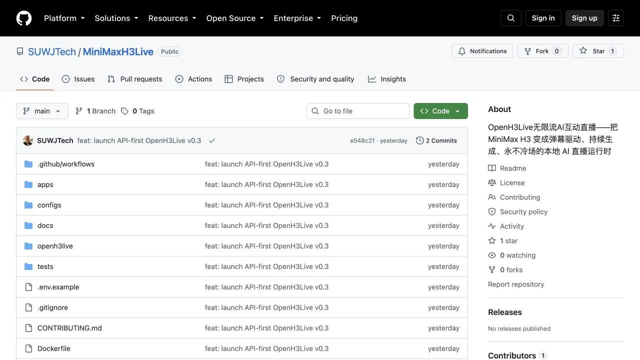 The OpenH3Live AI livestream control-plane repository on GitHub