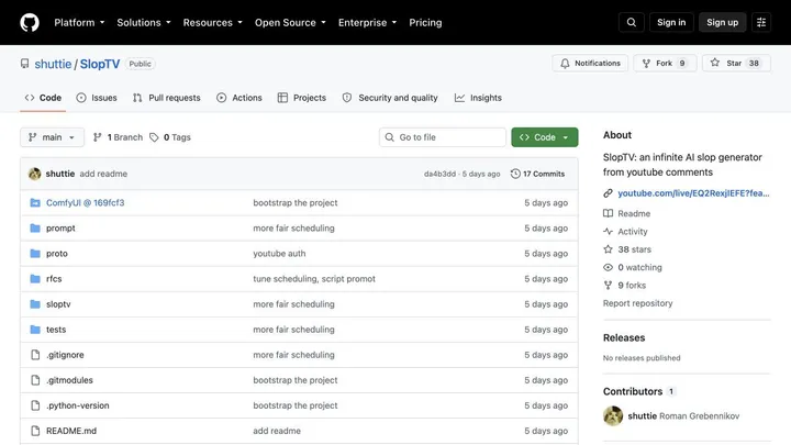The SlopTV local-GPU YouTube broadcast repository on GitHub