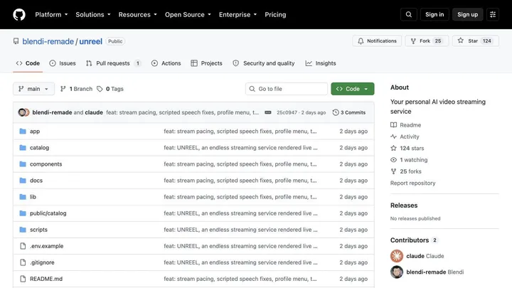 The UNREEL endless AI television repository and README on GitHub