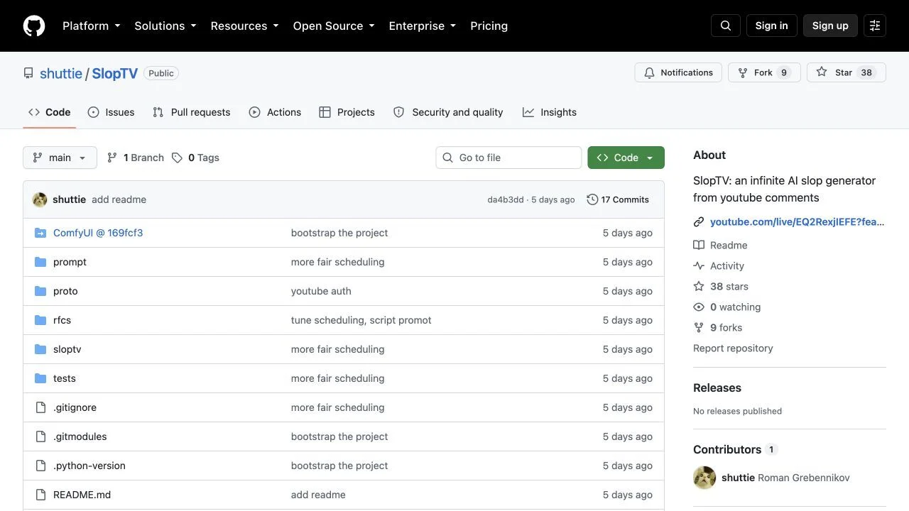 The SlopTV local-GPU YouTube broadcast repository on GitHub