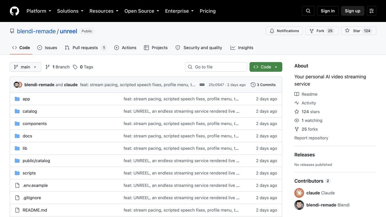 The UNREEL endless AI television repository and README on GitHub